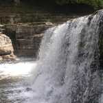 Dit zijn de Aysgarth Lower Falls, aan het eind van de watervallen wandeling